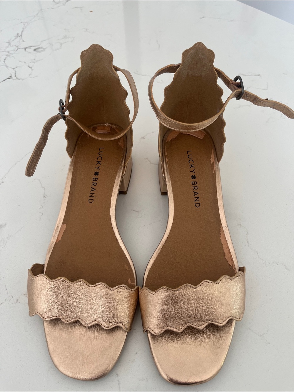 Lucky Brand Metallic Rose Gold Scallop Ankle-Strap Block Heels